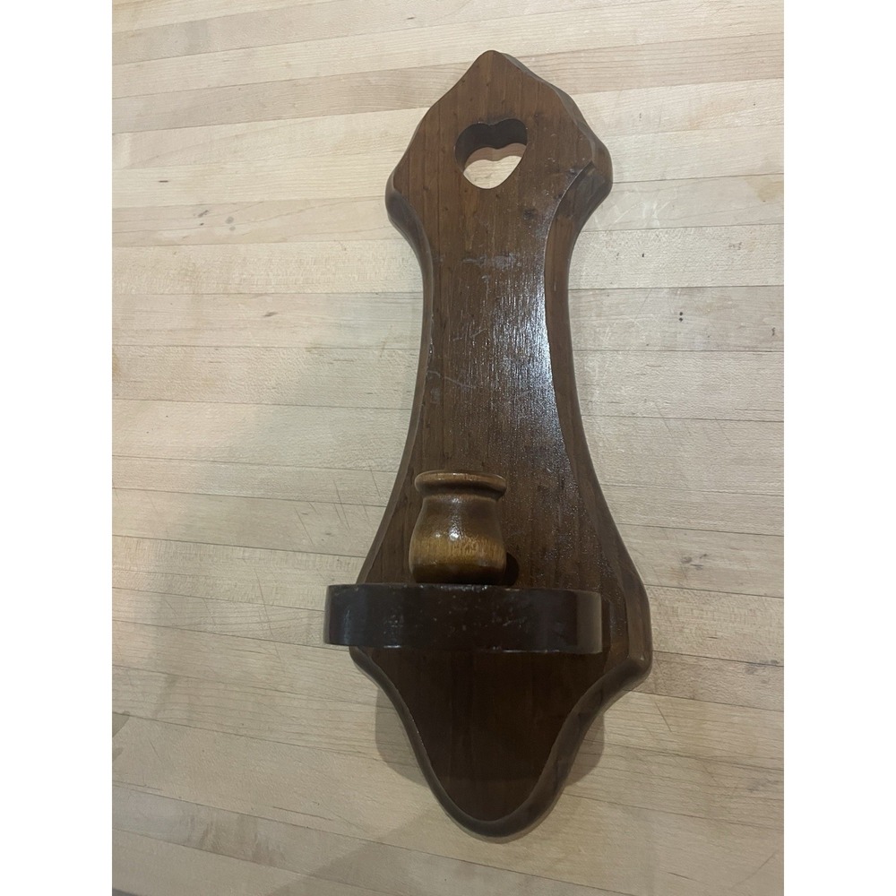 Rustic Wood Wall Mounted Heart Cutout Taper Candle Holder Country Farmhouse Vtg